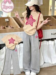 2件套少女星形印花短袖T恤和休闲长裤套装，年轻学生夏季服装 - 杏色 - 查看 1