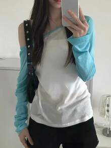 Colorblock Contrast Raglan Sleeve Sheer Long Sleeve Slim Fit Casual Top, White - White - View 4