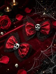 Women's Halloween Skull Bow Hair Clip, Red Soft Mesh Lace Bow Hair Accessory, Spooky Gothic Style Party Hair Decor, Multiple Colors Available - Skull Bow - View 2