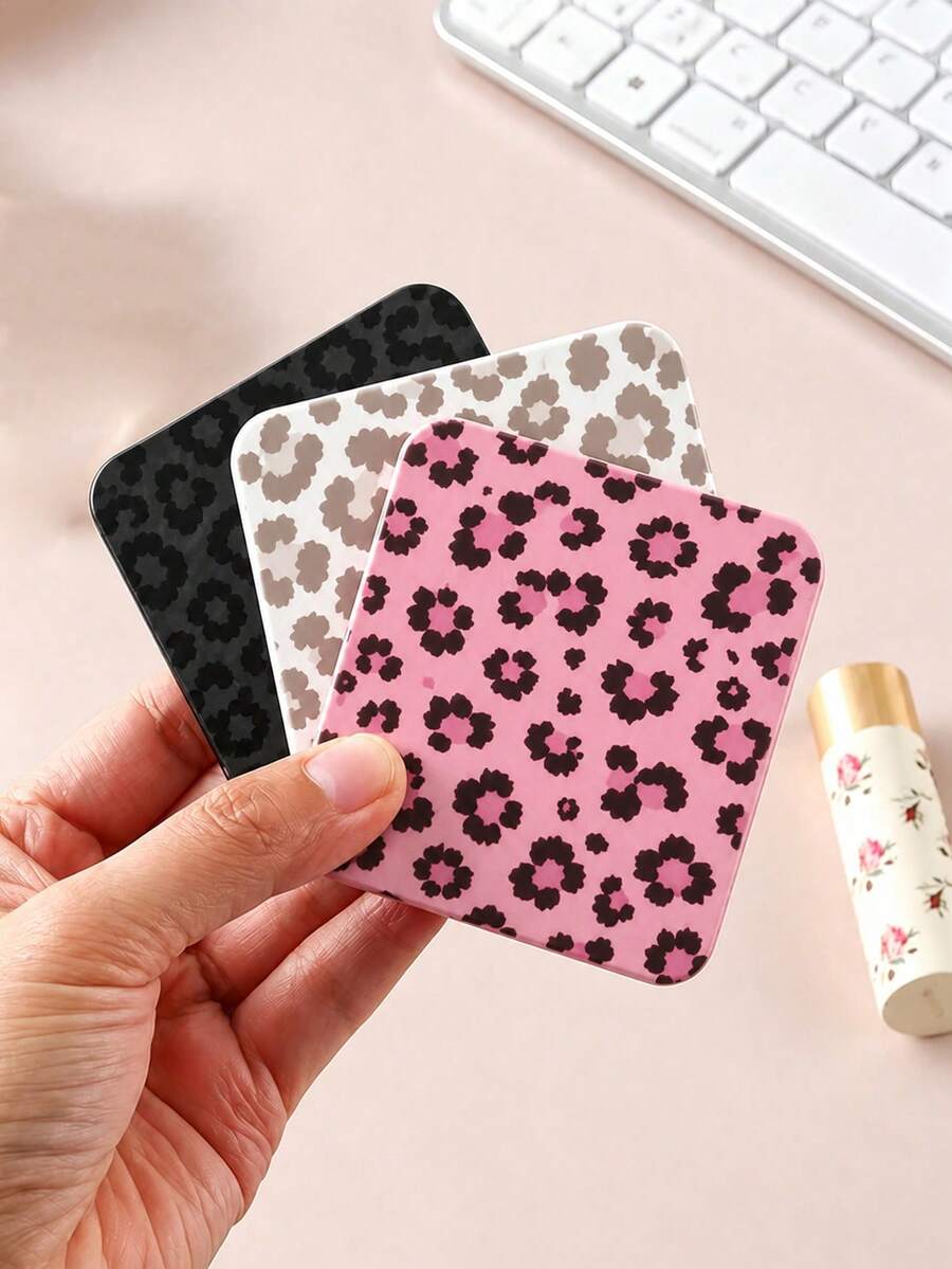 New Leopard Print Portable Square Makeup Mirror, Double-Sided Square Makeup Mirror, Women's Foldable Makeup Mirror, Compact Minimalist Makeup Mirror, Mini Makeup Mirror Suitable For Wallet And Travel, Leopard Print Density And Position Random - Multicolor - View 1