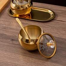 1 Set 2/3 Stainless Steel Seasoning Canister Set, Spice Container With Lid And Spoon, Gold Tone Condiment Bottle With Serving Tray, Suitable For Pepper, Salt, Spices, Candy, Coffee Beans Kitchen Jar Combination - Multicolor - View 4