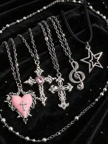 5pcs Gothic Style Pendant Necklace Set, Rhinestone Heart Cross Star Music Note Symbols, Women's Personalized Accessories - Multicolor - View 5