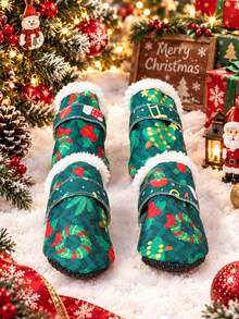 1 Set 4pcs Christmas Style Pet Shoes, Green Christmas Fruit Print Fleece Lining Warm Boots, Adjustable Hook & Loop Non-Slip Christmas Shoes, Suitable For Small Dogs And Cats - Green - View 5