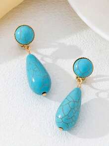 1Pair Fashionable Oval Turquoise Ear Clips, Geometric Personalized Clip On Earrings For Women No Pierced Ears - Turquoise - View 14