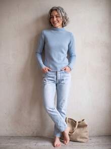 "Soft Light Filter" Lake Blue Long Sleeve Rolled Hem Mock Neck Base Layer Knit Sweater 100% Merino Wool Autumn New Versatile Slimming Soft Elegant Comfortable Top - Lake Blue - View 4