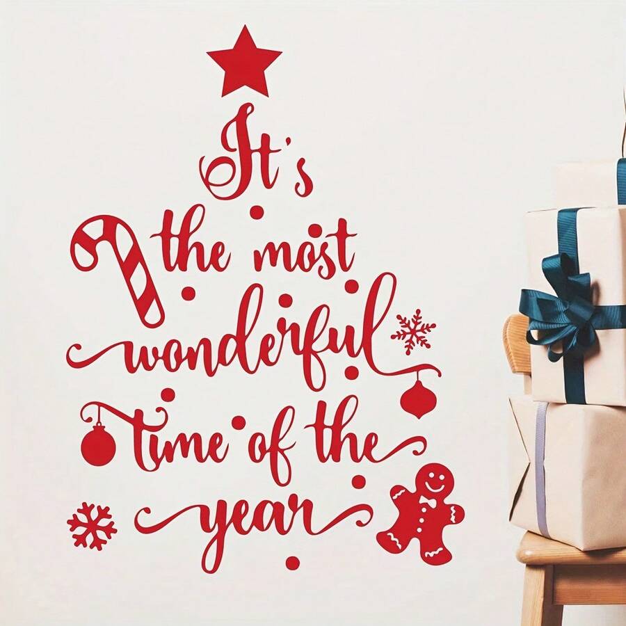 Red Christmas Tree Pattern Self-Adhesive Wall Sticker, Removable Wall Decal For Bedroom, Entrance, Living Room, Porch, Home Decor, Window Sticker, Door Sticker, Christmas Theme Decoration And Gift - one-size - View 1