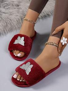 Vintage Burgundy Plush House Slippers, Full Fur With Rhinestone Butterfly Decor, Open Toe Flat Design, Women's Autumn/Winter Indoor Casual Warm Home Fuzzy Slides - Red - View 4