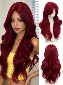 28 Inch Wine Red Long Body Wavy Synthetic Wig, Side Part Curly Wig With Face‑Framing Bangs, Heat Resistant Fake Hair For Women Daily Party Cosplay Use - Multicolor - View 10