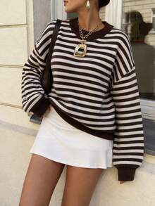 Women's Autumn/Winter Valentine's Day Cute Casual Brown & White Colorblock Striped Pattern Loose Crew Neck Long Sleeve Sweater, Basic Sweater, Business Casual Women's Wear, Autumn Tops, Autumn Sweaters, Women's Winter Clothing, Women's Autumn/Winter Apparel - Multicolor - View 7