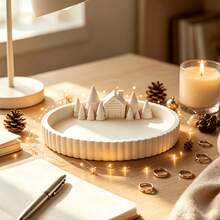 1pc Winter Christmas Atmosphere Tray Decor, Pure White Forest Cabin With Pointed Pine Tree, Creating Healing Winter Snow Micro Landscape. Vertical Striped Round Plate Can Be Used To Store Aromatherapy, Jewelry And Small Accessories - Multicolor - View 5
