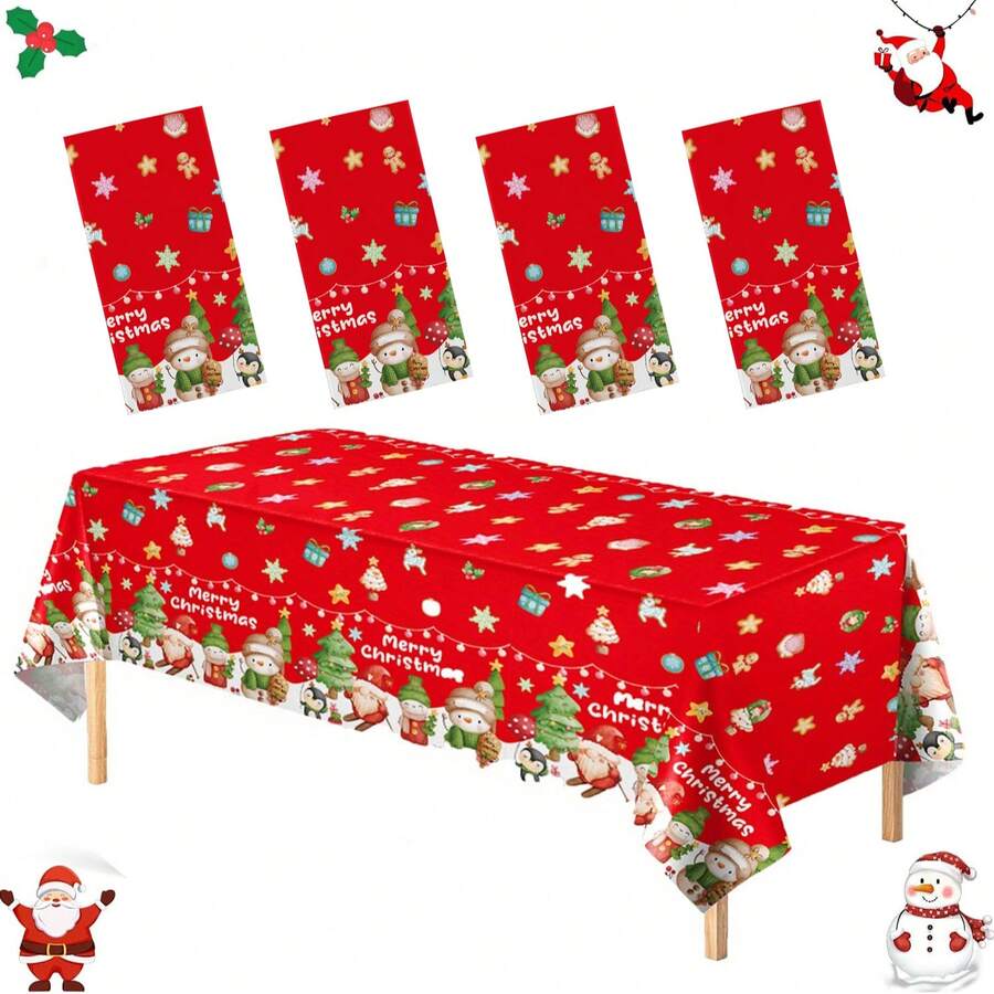 1pc/4pcs Red Christmas Disposable Party Rectangular Tablecloth, Santa Claus Snowman Tablecloth, Suitable For Rectangular Tables, Winter Christmas Indoor Outdoor New Year Party Decoration, 54*108 Inches - Red and Green - View 1