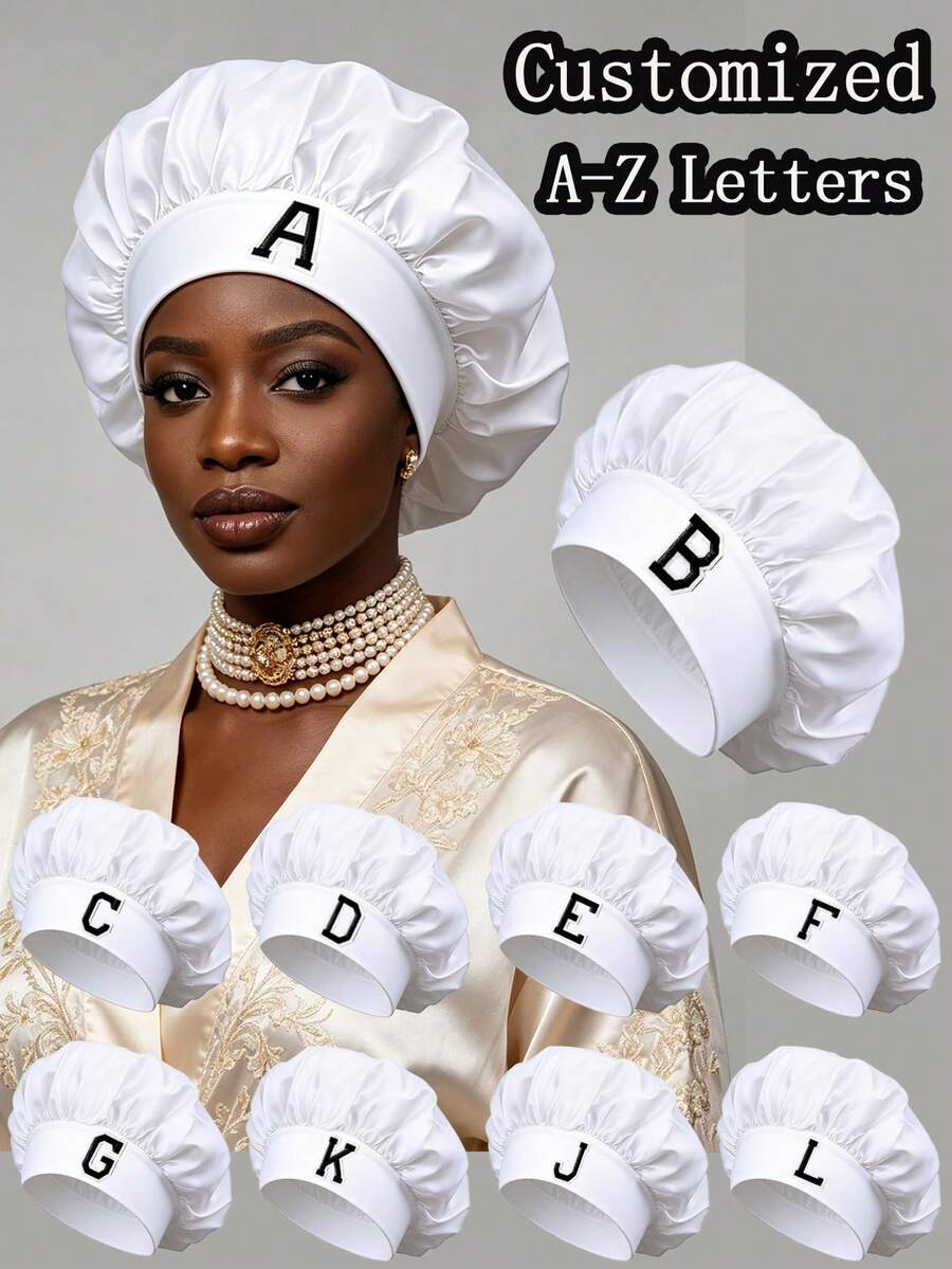1 Pc Women Letter A-Z Satin Sleep Bonnet, Wide Elastic Band Hair Cap, Noble Style Night Headwrap, Night Hair Protection Head Cover For Daily Sleep - White - View 1