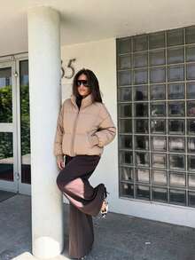 ZAHM Women Fall Winter Casual Regular‑Length Bubble Coat Stand Collar Zip‑Up Lightweight Polyester‑Filled Outerwear - Khaki - View 7
