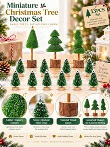 13Pcs Mini Christmas Tree, Tabletop Christmas Tree With Wooden Bases Artificial Mini Tree With 2 Sizes Christmas Table Decor Bottle Brush Trees For Christmas Decorations (Green Snow) - Multicolor - View 3