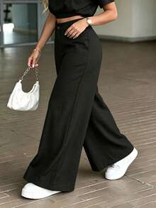 YI XUAN Plus Size High Waist Wide Leg Pants, Autumn Textured Linen Style Long Pants With Side Pockets, Casual Loose Fit, Suitable For Daily And Commute Wear - Black - View 3
