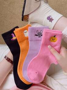 5 Pairs Unisex Halloween Terry Socks With Embroidered Halloween Patterns, Soft And Comfortable, Suitable For Halloween Party Wear - Multicolor - View 10