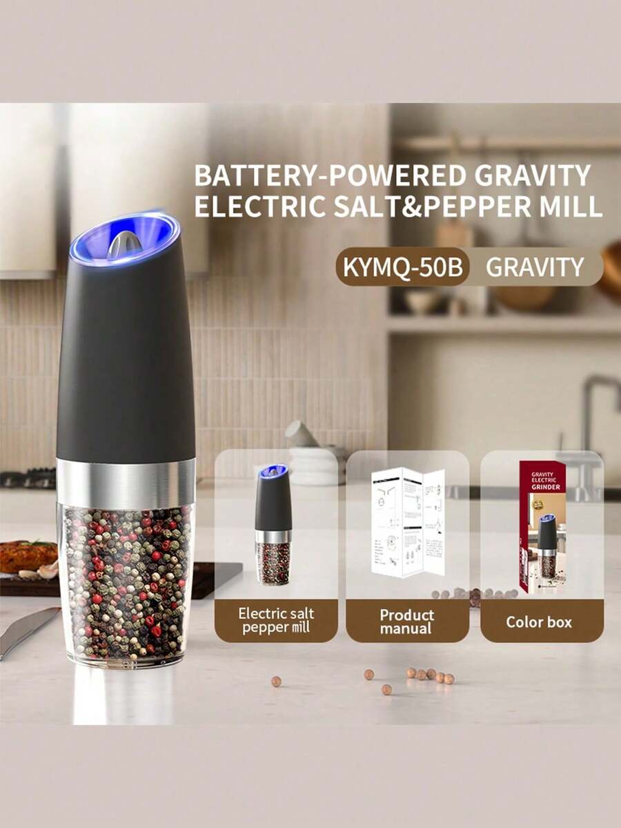 Juego de molinillos eléctricos de sal y pimienta con sensor de gravedad, molinillo automático a batería con luz LED, operación con una sola mano, grosor ajustable, gran capacidad mejorada, activación por gravedad, ideal para cocina, barbacoa y comedor - Paquete individual negro - Ver 1