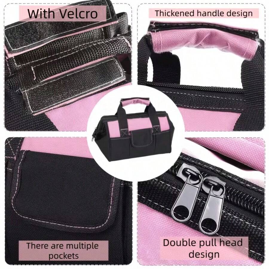 Double Layer Thickened Women's 13-Inch Heavy Duty Wide Mouth Tool Bag: Durable & Wear-Resistant, Large Capacity, Portable & Organized Storage, Sturdy Structure; Suitable For Electrical Work, Carpentry And DIY Enthusiasts - Pink - View 1