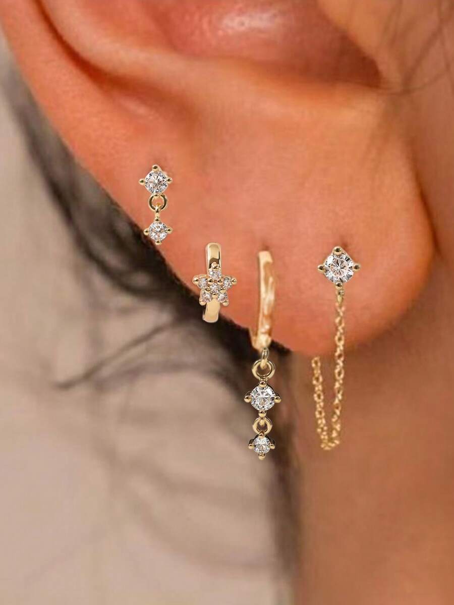 Minimalist Elegant Multi-Pair Earrings Set, Sparkling Rhinestone Star Dangle Chain Hoop And Stud Earrings, Daily Outfit Decorative Accessories - Yellow Gold - View 1