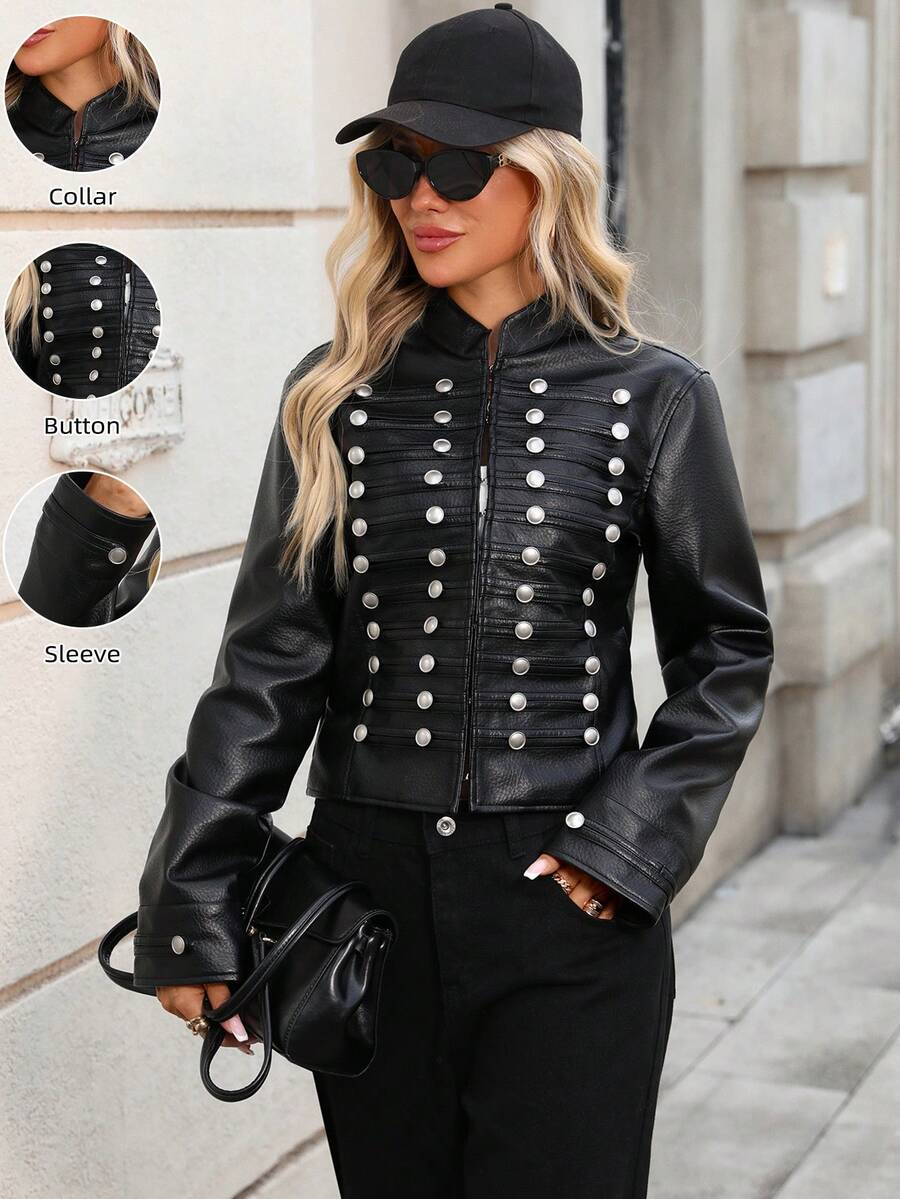 Vintage Royal Style Button Decor Long Sleeve Top 2026 Autumn/Winter Fashion Stand Collar PU Short Jacket - Black - View 1
