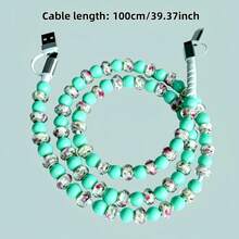 4-In-1 Beaded Charging Cable, Fast Charging Data Cable, Acrylic Beaded Charging Cable, Supports Fast Charging For Mobile Phones, Compatible With Type-C And Apple Lightning All-Interface Devices, 1m (3.3ft) Long, Designed For Girls, Fast Charging Cable, Holiday Gift, New Year Gift Choice - Mint Green - View 3