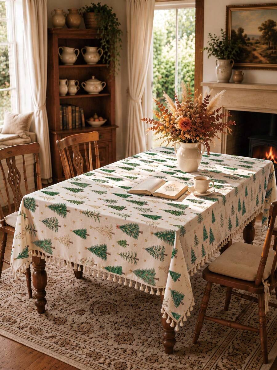 1pc Simple Pastoral Style Green Christmas Tree Pattern Tassel Lace Tablecloth, Single-Sided Printed Polyester Cotton Material, Winter Christmas Festival Atmosphere Rectangular, Square, Round Home Decor Dining Table Cloth, Suitable For Various Occasions Including Family Daily Activities, Birthday Parties, Holiday Gatherings Restaurant Tabletop Decoration - Multicolor - View 1