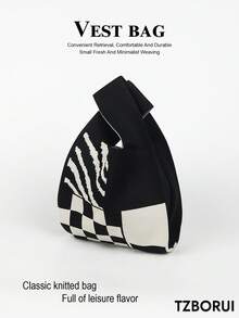 女士黑白棋盤格抽像印花針織背心包，日常購物、旅行、通勤手提包 - 黑與白 - 查看 1