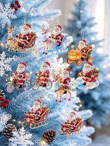 2D Flat 1/8pcs Set New Fun 2D Embossed Wooden Home Decor Christmas Santa Sitting On Various Christmas Vehicle Patterns Holiday Pendant Hanging Ornament Practical And Beautiful Decoration - Multicolor - View 1