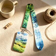 1 Piece Mountain Watercolor Lanyard With ID Card Holder, Green Nature Scenery Badge Reel For Office Student Work Gift - Multicolor - View 1
