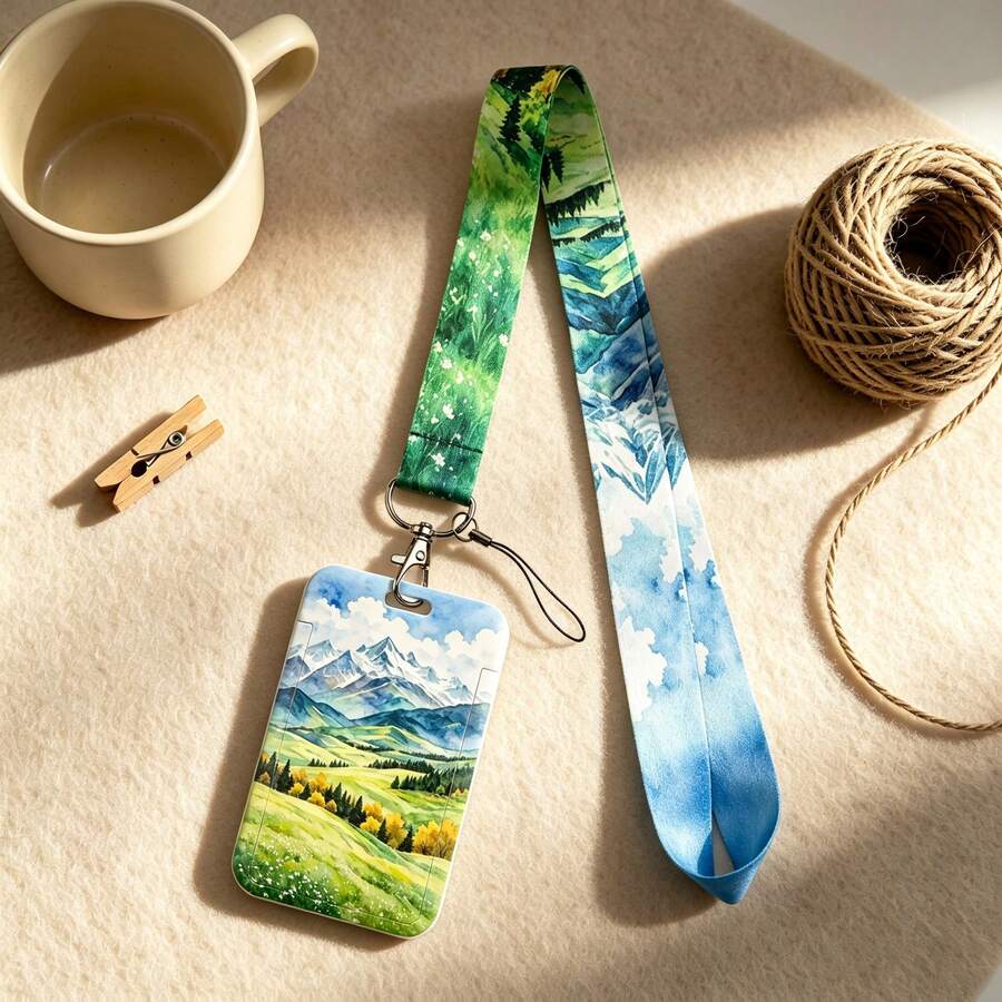 1 Piece Mountain Watercolor Lanyard With ID Card Holder, Green Nature Scenery Badge Reel For Office Student Work Gift - Multicolor - View 1