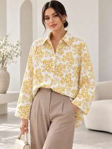 Women's Floral Print Collared Long Sleeve Blouse, Casual Loose Button-Down Top, Women's Casual Top, Women's Commuter Outfit - Yellow - View 1
