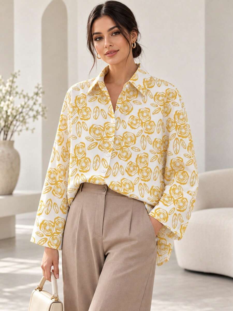 Women's Floral Print Collared Long Sleeve Blouse, Casual Loose Button-Down Top, Women's Casual Top, Women's Commuter Outfit - Yellow - View 1