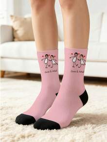 Custom Romantic Love Wedding Crew Socks, Heart Frame,Mr And Mrs,Couple Stick‑Figure Print Pink Mid‑Calf Socks,Gift Socks For Women - Pink - View 6