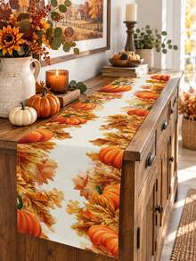 1PC Pumpkin Sunflower Fall Table Runner, Linen Autumn Harvest Tablecloth Runner With Pumpkin, Sunflower And Maple Leaf Border Print, Rustic Farmhouse Dining Table Decor For Thanksgiving Dinner, Kitchen, Dining Room, Fall Party Home Decoration - Multicolor - View 6