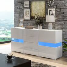 Flieks Matt & High Gloss White Sideboard Cabinet Storage Cupboard Unit  LED Lighted For Dining Room Living Room - White - View 6