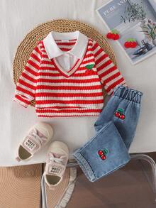 2pcs Baby Girl Casual Cute Collar Knit Top & Embroidered Denim Jeans Set, Thin Spring/Autumn - Red - View 2