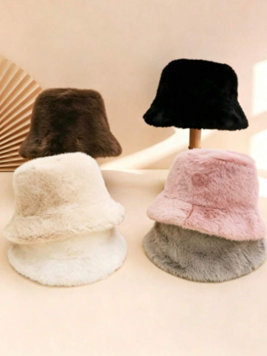 1pc Unisex Solid Color Plush Flat Brim Wide Brim Bucket Hat, Warm & Fashionable For Autumn, Versatile For Casual Daily Wear, Couples Shopping & Dating, Flattering Face-Slimming - Solid Color - View 1