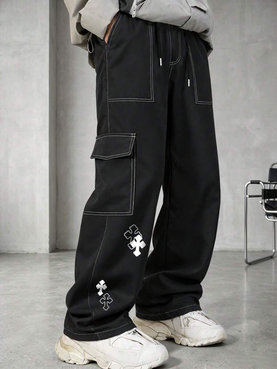 Men's Spring/Autumn Multi-Pocket Straight Leg Cargo Pants, Loose Fit Outdoor Commute Versatile Sports Casual Long Pants - Black - View 1