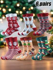 6 Pasang Kaos Kaki Pria Bertema Natal, Dicetak dengan Motif Santa Claus, Rusa Kutub, dan Kepingan Salju, Kaos Kaki Liburan yang Nyaman dan Hangat - MultiWarna - View 13