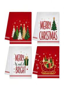 1pc/2pcs Christmas Theme Towel Soft Absorbent Holiday Atmosphere Christmas Tree Letter Gift Sleigh Print Kitchen Decor Cloth Multiple Patterns - Red and White - View 6