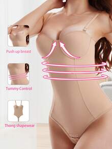 Women's One-Piece Shapewear Bodysuit, Sleeveless Sexy Detachable Adjustable Shoulder Straps, Tight-Fitting Body Shaper, Tummy Control, Cup Bra, Thong Shapewear - Camel - View 2