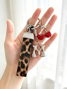 26 Alphabet Car Keychains, Silver Letter Zinc Alloy Accessories, Leopard Print Cherry Pendant, PU Rope Car Lock Key Fob, Car Remote Control Hanging Decoration, Bag Decoration Pendant, Car Key Ring, Key Chain Key Accessories. Holiday Gift, - Letter - View 28