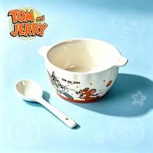 TOM AND JERRY. وعاء سيراميك بمقبض مزدوج بتصميم شخصية كرتونية، وعاء لطيف للشوفان والزبادي والفطور والسلطة - متعدد الألوان - مشاهدة 9
