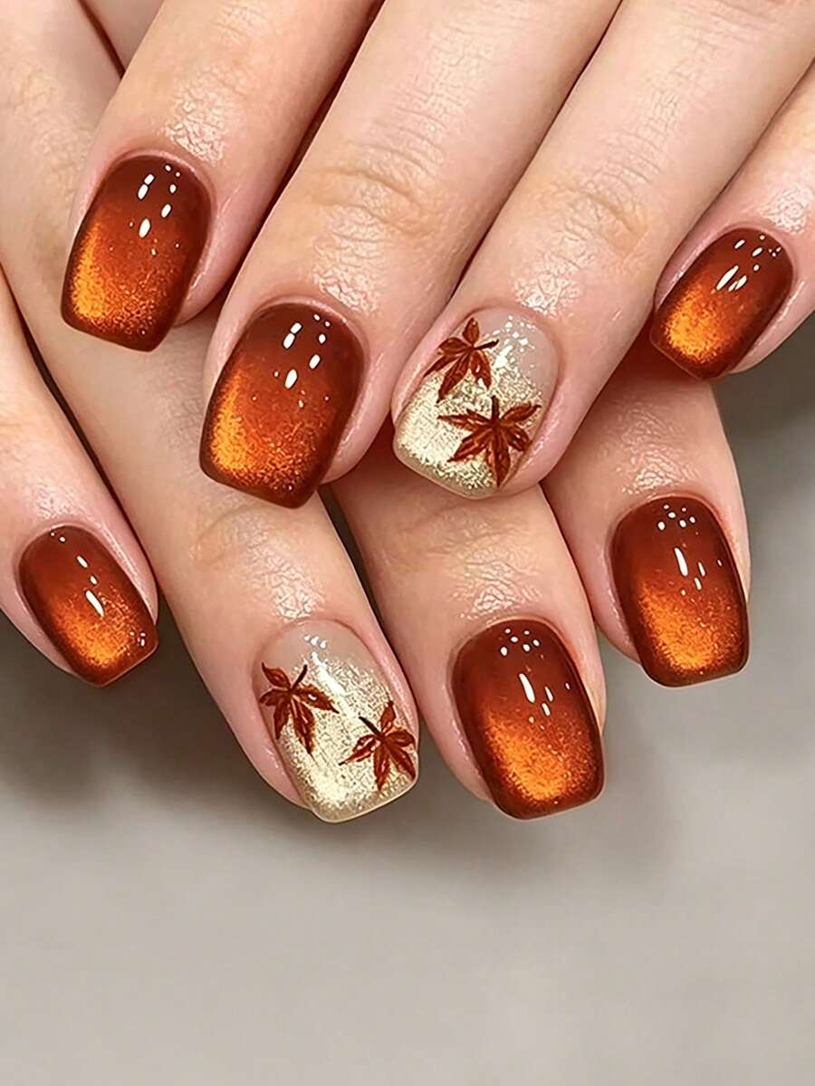 Elevate Your Look, 24pcs Women's Short Square Cat Eye Press-On Nails, Minimalist Orange Maple Leaf Pattern Design, Glamorous Cute Daily Autumn Nail Art Supplies - Multicolor - View 1