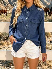 jinzarr Women's Elegant Floral Embroidered Vintage Pattern Denim Shirt - Medium Wash - View 4
