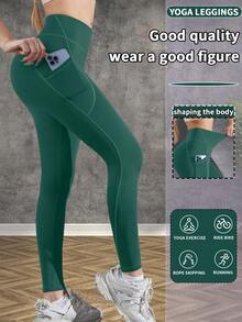 1PC Sports Yoga Leggings With 9-Inch Pocket Patchwork Design, Suitable For Fitness, Workout, Outdoor Walking - Green - View 1