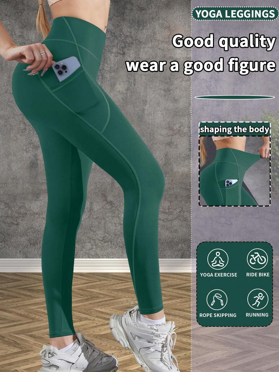 1PC Sports Yoga Leggings With 9-Inch Pocket Patchwork Design, Suitable For Fitness, Workout, Outdoor Walking - Green - View 1