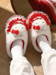 Hello Kitty Cartoon Cute Thick Sole Slippers Fluffy Bowknot Thermal Lined Comfortable Winter Slippers - Red - View 5