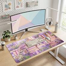 Pink Lavender Floral & Book Pattern Extra Long Gaming Mouse Pad And Desk Mat Set, Non-Slip Durable Rubber Base, Smooth Surface, Suitable For Computer Laptop Office Home, Abstract Art Decor, Back To School Supplies - A - View 3