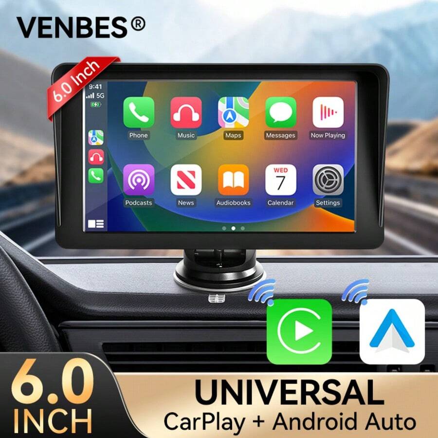 VENBES 6.1 Inch PND Portable Car Stereo, Wireless CarPlay & Wireless Android Auto Touch Screen Car Player With Bluetooth FM